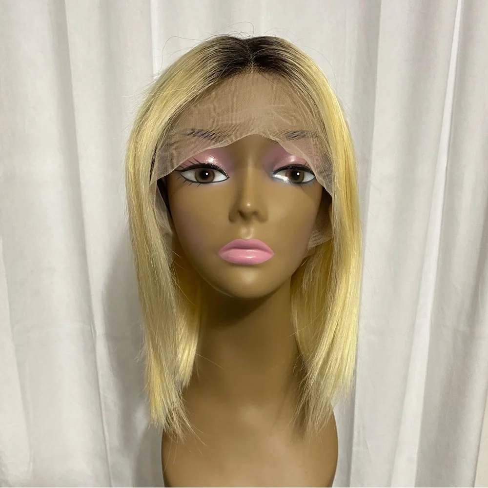 Short Ombré Blonde Bob Wig 100% Human Hair Lace Front T Part Wig 12” Blunt Cut
